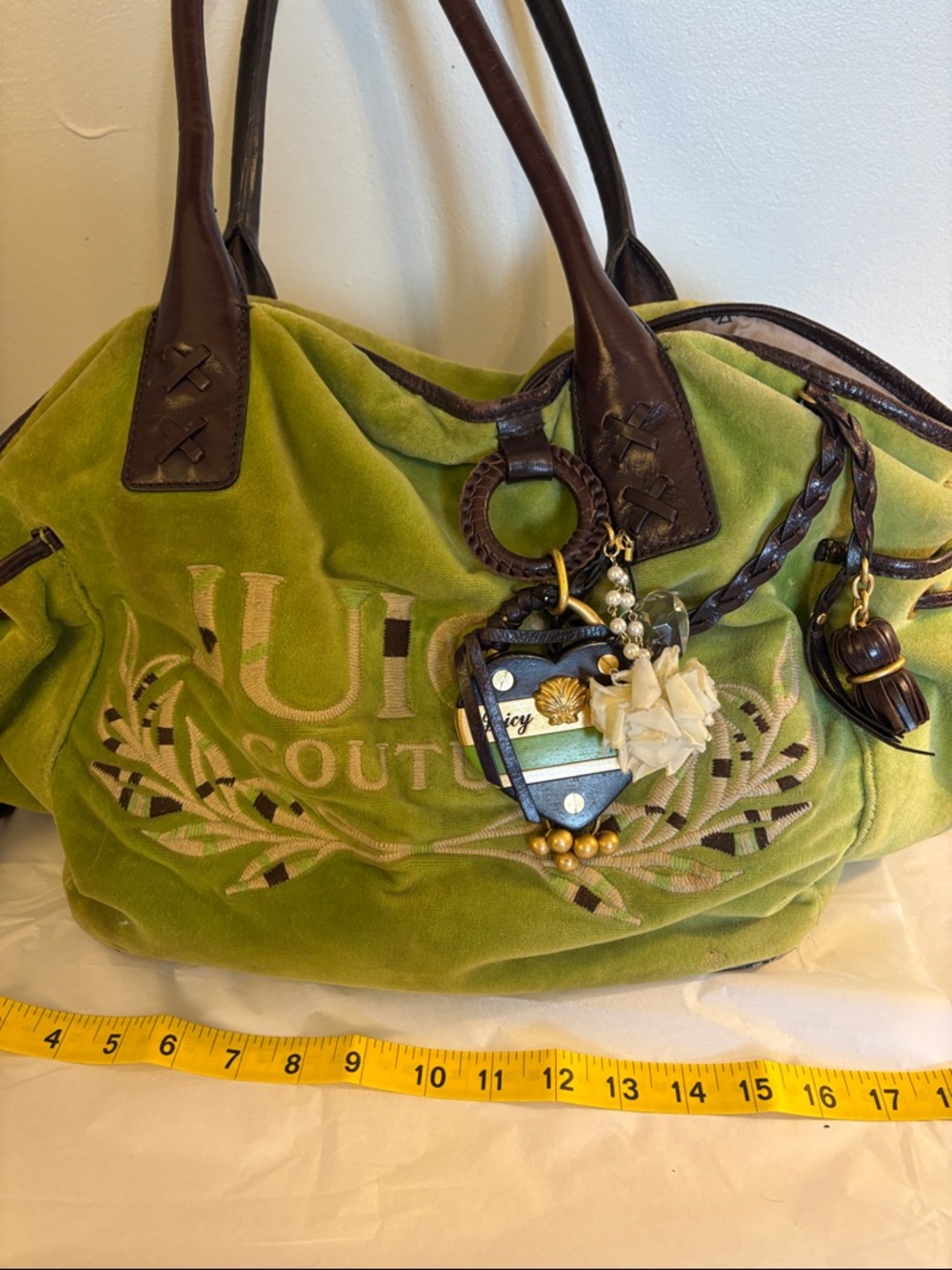 Juicy Couture Lime Green Velvet Tote with Brown Leather Trim and Charm vintage